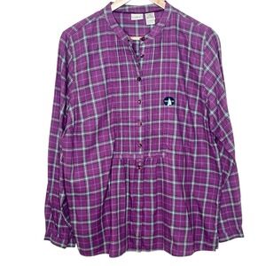LL Bean Plaid Button Up Shirt Purple Womens Size M Collarless Ruffled Outdoor